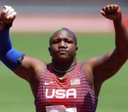 Raven Saunders of Team USA reacts after winning the silver medal at the Tokyo 2020 Olympic Games