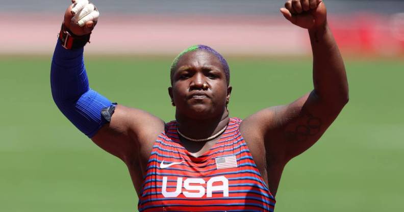 Raven Saunders of Team USA reacts after winning the silver medal at the Tokyo 2020 Olympic Games