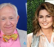 On the left: Headshot of Leslie Jordan smiling in a bow tie. On the right: Shania Twain poses on the red carpet