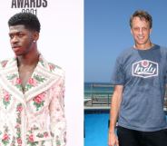 Lil Nas X posing on the red carpet and Tony Hawk posing for a photo