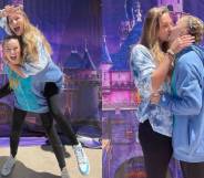 JoJo Siwa and Kylie Prew are seen having fun and sharing a kiss in front of a Disney backdrop with colourful Mickey Mouse balloons