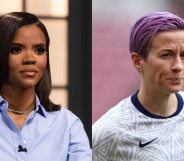 On the left: Candace Owens in a blue shirt. On the right: Megan Rapinoe on the football pitch.