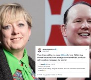 On the left: Jackie Doyle-Price poses for her parliamentary picture. On the right: Laurel Hubbard smiles while making a heart-shape with her hands