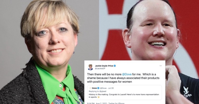 On the left: Jackie Doyle-Price poses for her parliamentary picture. On the right: Laurel Hubbard smiles while making a heart-shape with her hands