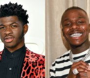 On the left: Headshot of Lil Nas X in a red blazer. On the right: DaBaby in a Breton stripe tee.