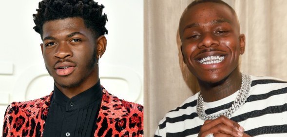 On the left: Headshot of Lil Nas X in a red blazer. On the right: DaBaby in a Breton stripe tee.