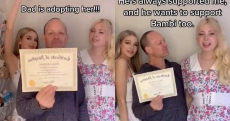 Grace Hyland, Mat Stevenson and Belle Bambi pose around an adoption certificate