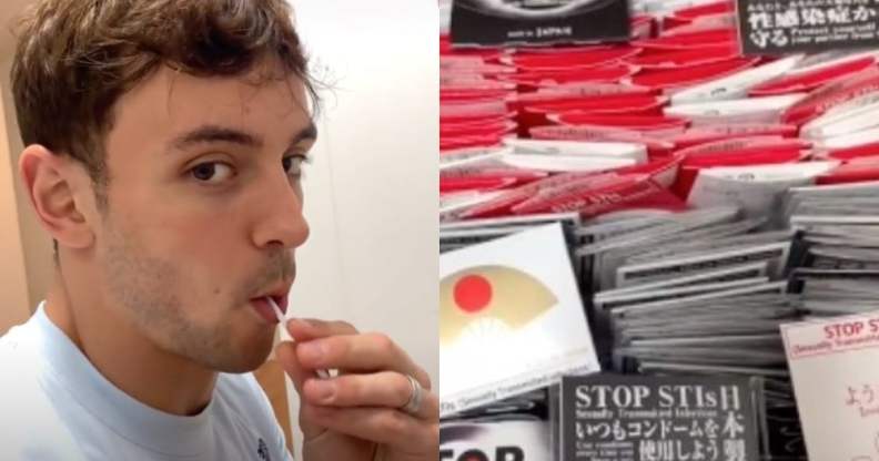 On the left: Tom Daley sucking on a lolly. On the right: A box of condoms