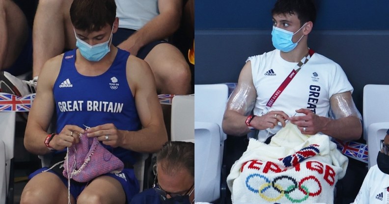 Tom Daley knitting in the audience stands