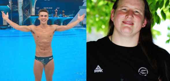 Anton Down-Jenkins photographed by a swimming pool at the Olympics and Laurel Hubbard posing for a photograph