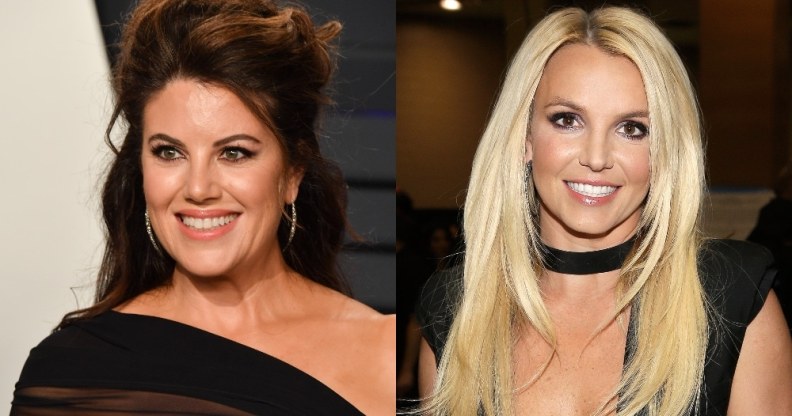 On the left: Monica Lewinsky in a black dress. On the right: Britney Spears in a black dress.