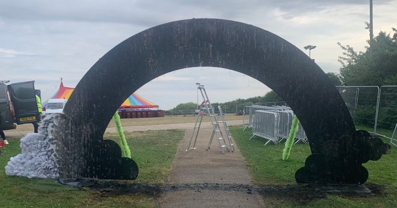 the scorched remains of the Milton Keynes Pride rainbow arch