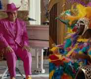 Elton John sporting an outfit inspired by Lil Nas X's Grammys 2020 look and Lil Nas X wearing an outfit inspired by Elton John's The Muppet Show appearance in a new Uber Eats advert