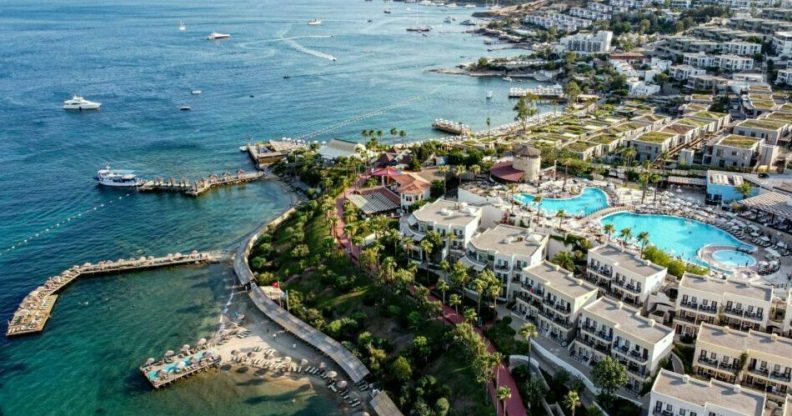 Aerial view of Bodrum Beach, in Bodrum, Turkey.