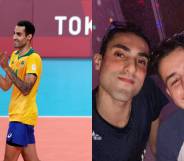 Images of Brazilian Olympic champion and volleyball star Douglas Souza and his boyfriend Gabriel. Souza recently shared on Instagram that he and his boyfriend encountered a homophobic incident with airport staff