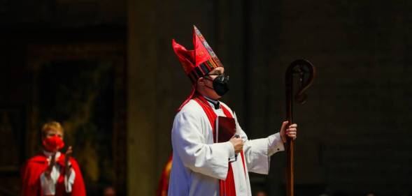 Rev Dr Megan Rohrer faces the congregation after being installed to the Sierra Pacific Synod at Grace Cathedral