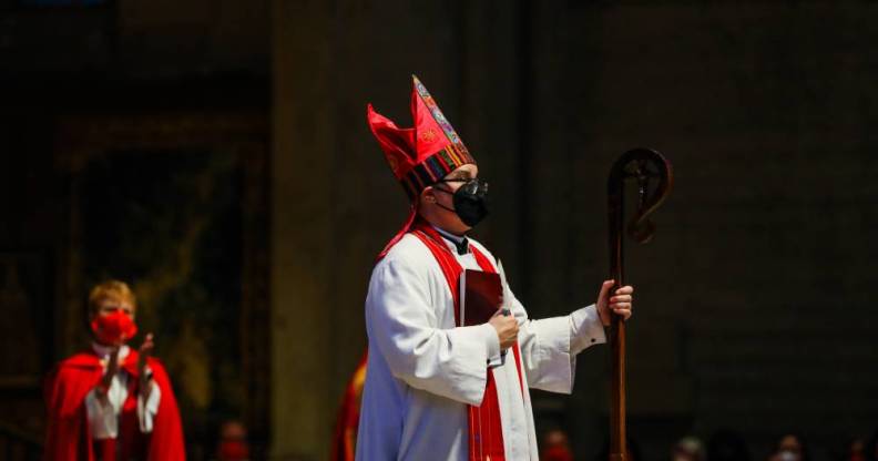 Rev Dr Megan Rohrer faces the congregation after being installed to the Sierra Pacific Synod at Grace Cathedral