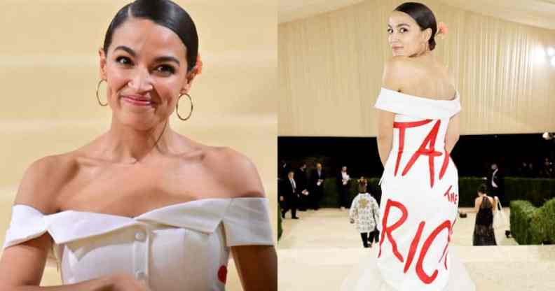 Alexandria Ocasio-Cortez departs the 2021 Met Gala in a gorgeous white gown with the words 'tax the rich' written on the back in red