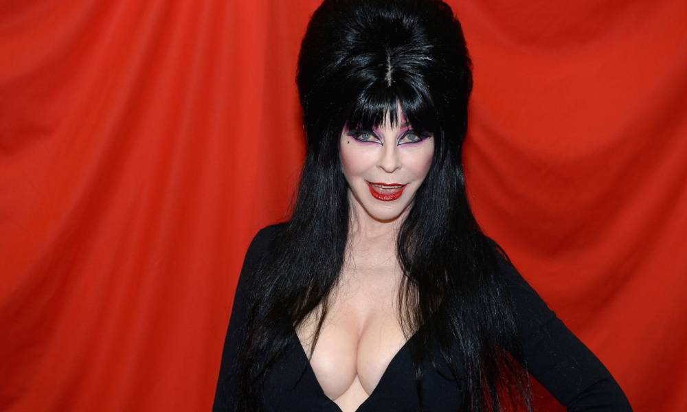 Picture of Elvira in full makeup and her trademark black dress with a blood red background