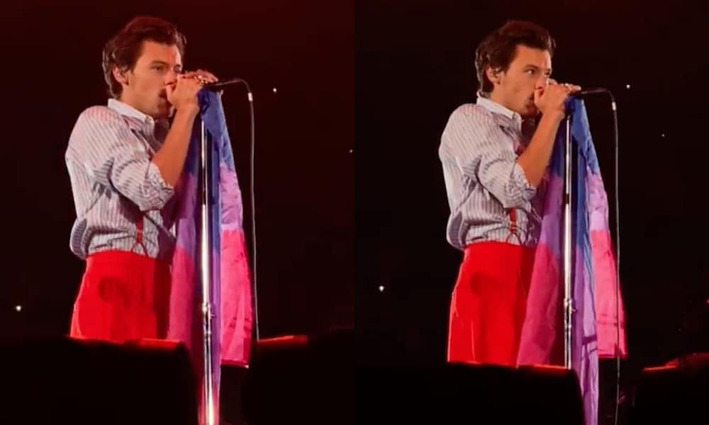 Harry Styles holds a bi Pride flag on stage