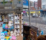 Photographs of a storefront with the windows shattered