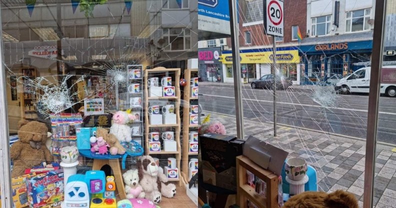 Photographs of a storefront with the windows shattered