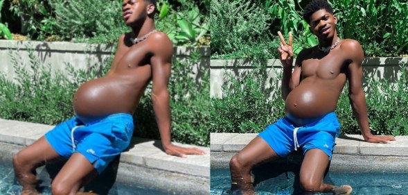 Lil Nas X poses as part of his fake pregnancy shoot by a swimming pool