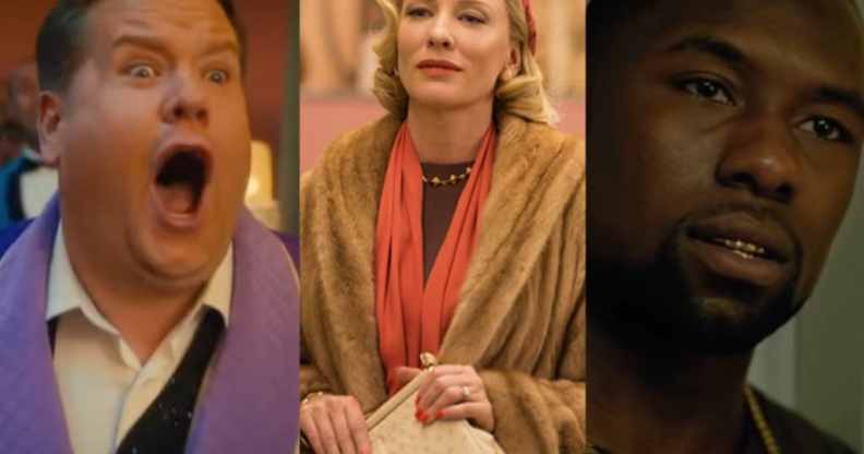 James Corden in The Prom (L), Cate Blanchett in Carol (C) and Trevante Rhodes in Moonlight.