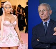 Nicki Minaj at the Met Gala in 2019 and Anthony Fauci at a White House press briefing