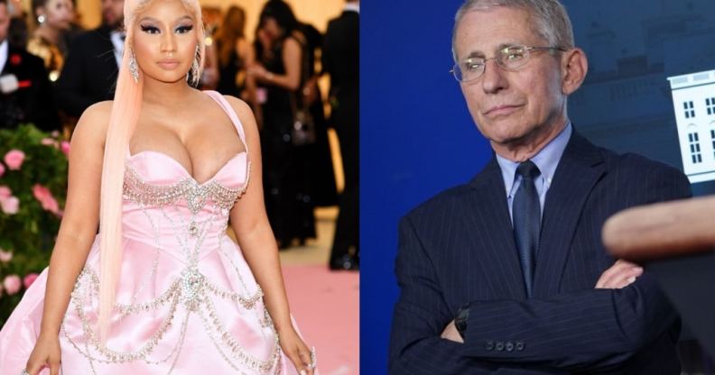 Nicki Minaj at the Met Gala in 2019 and Anthony Fauci at a White House press briefing