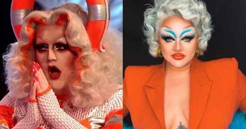 A side by side image Drag Race UK winner Lawrence Chaney and series three contestant Victoria Scone in beautiful orange themed outfits