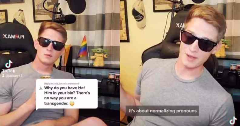 Jackary, also known as @jackary17 or the 'CEO of aggressive allies' on TikTok, appears in a video with sunglasses, a can of Miller Lite and a grey shirt to explain why pronouns are important