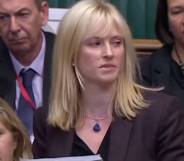 Labour MP Rosie Duffield seen talking in front of Parliament