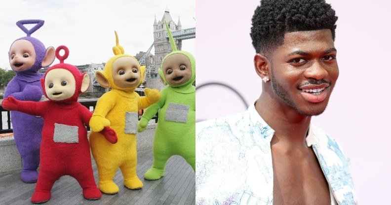 On the left: The Teletubbies outside Tower Bridge. On the right: A headshot of Lil Nas X