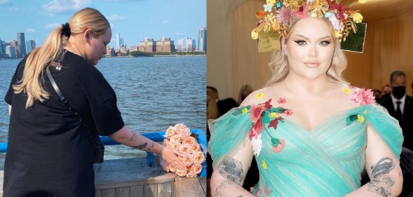 On the left: NikkieTutorials lays flowers at the spot on the Hudson River where Marsha P. Johnson's body was found. Right: Nikkie at the Met Gala in a turqoise dress and flower crown