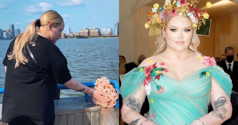 On the left: NikkieTutorials lays flowers at the spot on the Hudson River where Marsha P. Johnson's body was found. Right: Nikkie at the Met Gala in a turqoise dress and flower crown