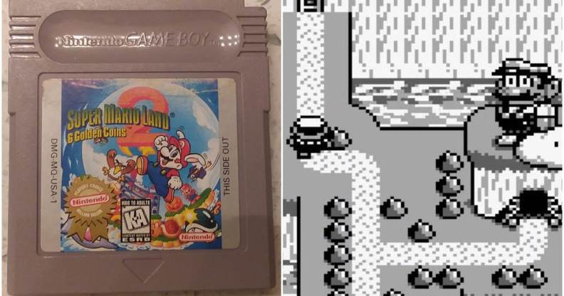 Super Mario Land 2 on the Game Boy, cartridge next to screenshot from game