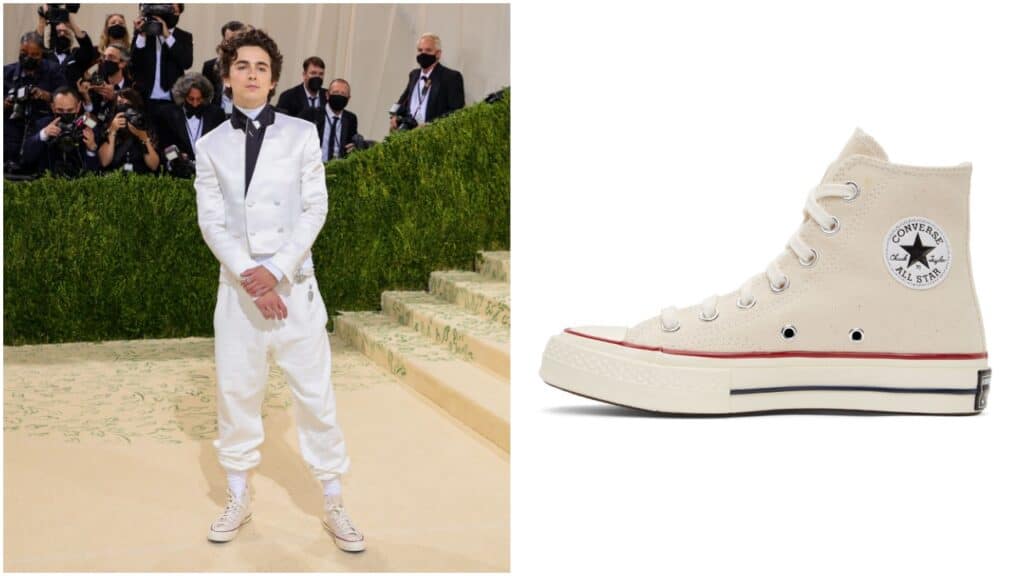 Timothée Chalamet paired his Met Gala suit with hi-top Off-White Converse. 