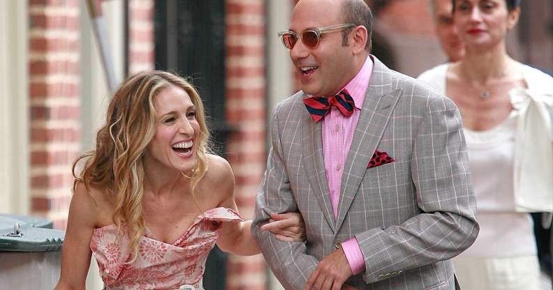 Willie Garson and Sarah Jessica Parker on the set of Sex and the City, laughing