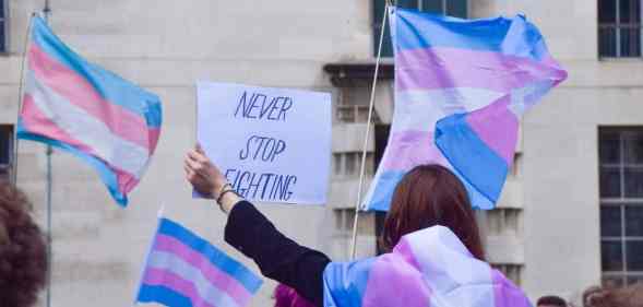 A protester wrapped in a trans Pride flag holds a 'Never Stop Fighting' placard during the trans rights demonstration