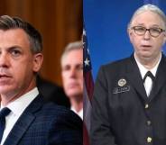 a side-by-side image of Indiana representative Jim Banks and Dr Rachel Levine