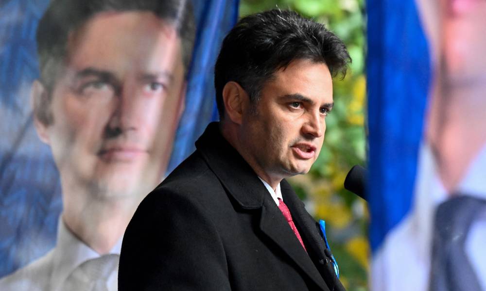 Opposition candidate for Hungarian prime minister Peter Márki-Zay speaks before participants at a campaign rally