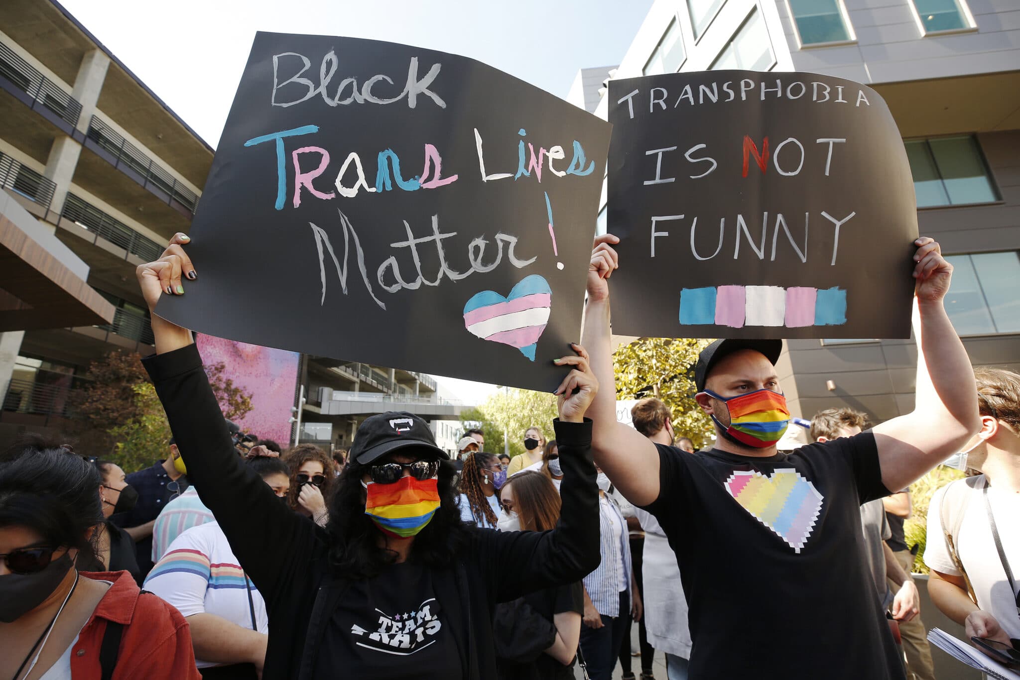 Trans supporters outside Netflix headquarters