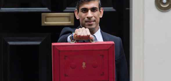 Chancellor of the Exchequer Rishi Sunak holds the Budget box outside 11 Downing Street in central London