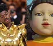 A side by side image of Lil Nas X in his golden outfit from the 2021 Met Gala alongside a still from Netflix's Squid Games that depicts the 'Red light, green light' robot