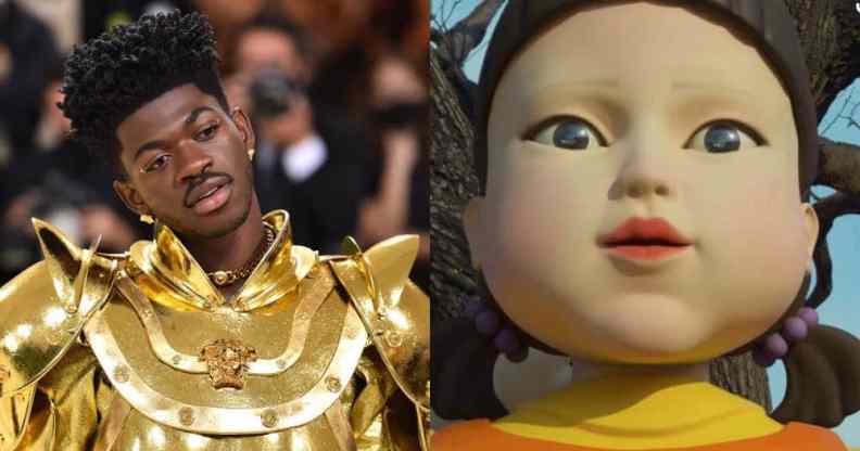 A side by side image of Lil Nas X in his golden outfit from the 2021 Met Gala alongside a still from Netflix's Squid Games that depicts the 'Red light, green light' robot