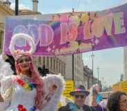 LGBT+ Christians at Pride in London, 2018, with a banner that reads: "God is love"