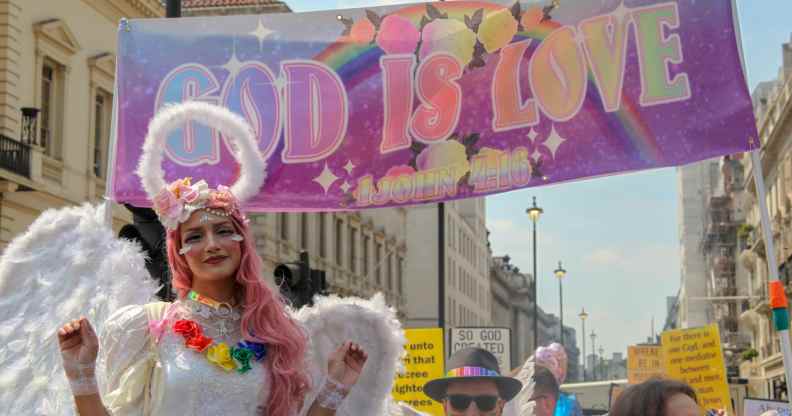 LGBT+ Christians at Pride in London, 2018, with a banner that reads: "God is love"