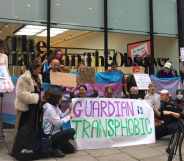 Protestors demand the Guardian newspaper 'stop platforming transphobia'.