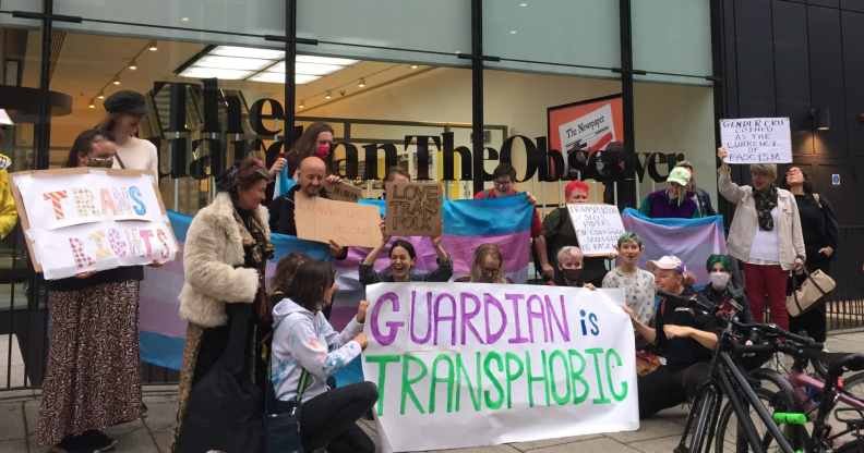 Protestors demand the Guardian newspaper 'stop platforming transphobia'.